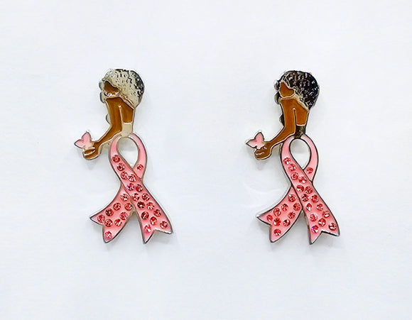 SILVER PINK RIBBON WOMAN EARRINGS ( 2219 RHLPK )