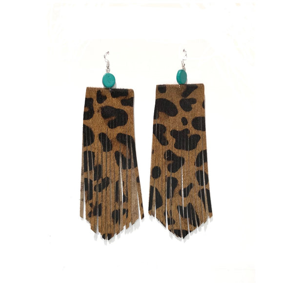 LEOPARD PRINT LEATHER DANGLING EARRINGS TURQUOISE STONES ( 74 LEO )