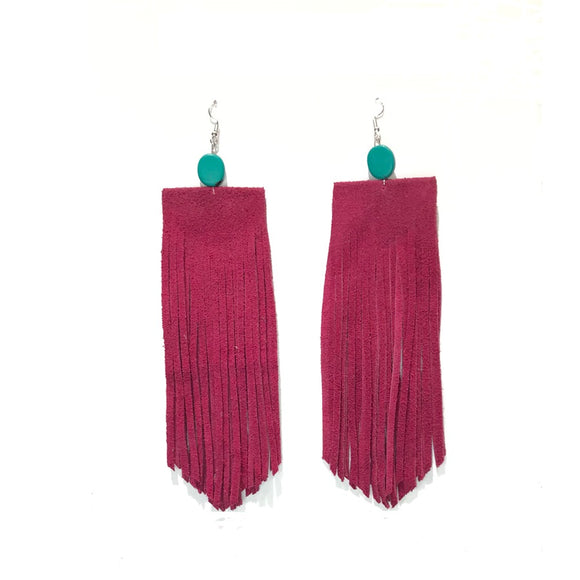 PINK LEATHER DANGLING EARRINGS TURQUOISE STONES ( 74 PK )