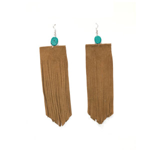 TAN LEATHER DANGLING EARRINGS TURQUOISE STONES ( 74 TN )