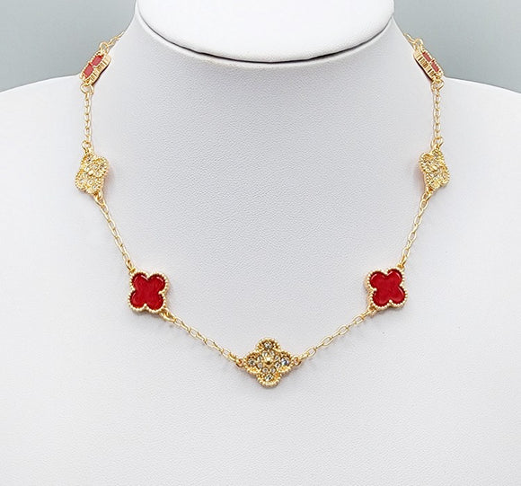 GOLD RED QUATREFOIL NECKLACE CLEAR STONES ( 1657 GDRD )