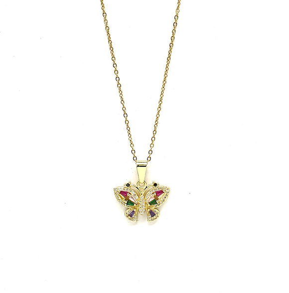 GOLD STAINLESS STEEL BUTTERFLY NECKLACE MULTI COLOR STONES ( 3082 GMT )