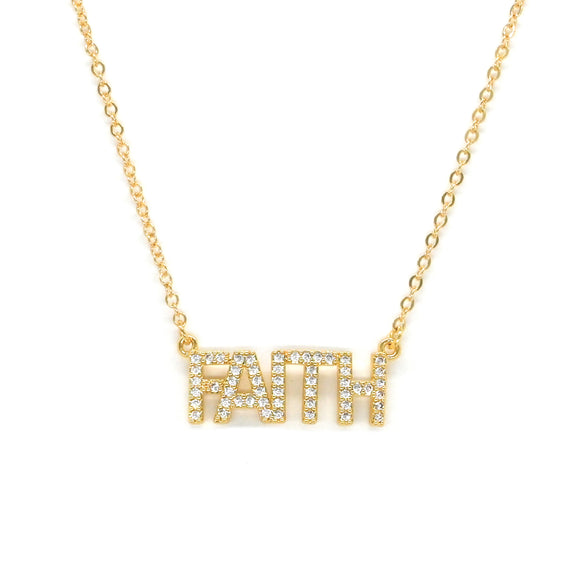 GOLD STAINLESS STEEL NECKLACE FAITH CLEAR STONES ( 3152 G )