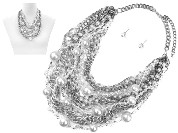 SILVER CHAIN WHITE PEARL NECKLACE SET ( 6192 RHWHP )