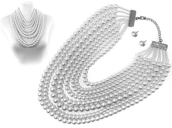 SILVER WHITE LAYERED PEARL NECKLACE SET ( 7491 RHWHP )