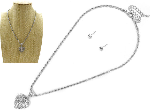 SILVER ROPE CHAIN HEART PENDANT NECKLACE SET ( 8031 RHCRY )