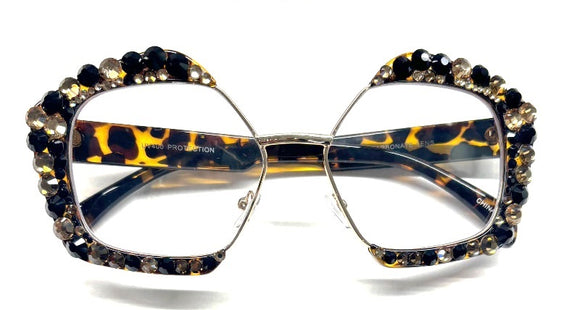 Clear Lens BROWN Frame LEOPARD PRINT STONES Glasses UV 400 ( 1120 -1 BRLEO )