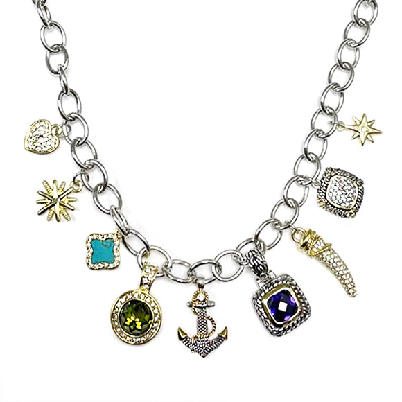 SILVER GOLD NECKLACE MULTI COLOR STONES CHARMS ( 1898 B2 )