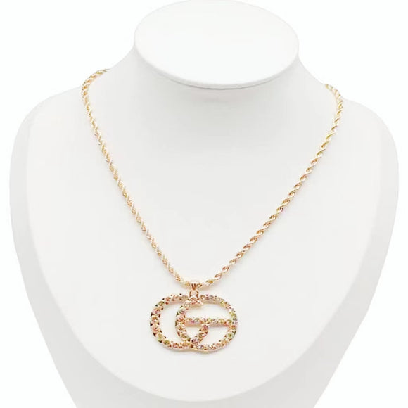 GOLD NECKLACE CG PENDANT CLEAR STONES ( 0187 GDCR )