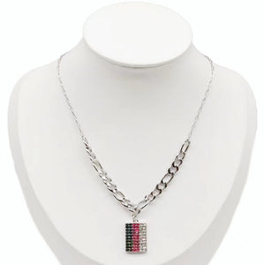 SILVER NECKLACE RECTANGLE PENDANT RED GREEN CLEAR STONES ( 0252 RHMT )