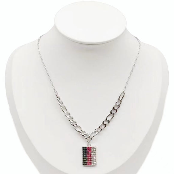 SILVER NECKLACE RECTANGLE PENDANT RED GREEN CLEAR STONES ( 0252 RHMT )