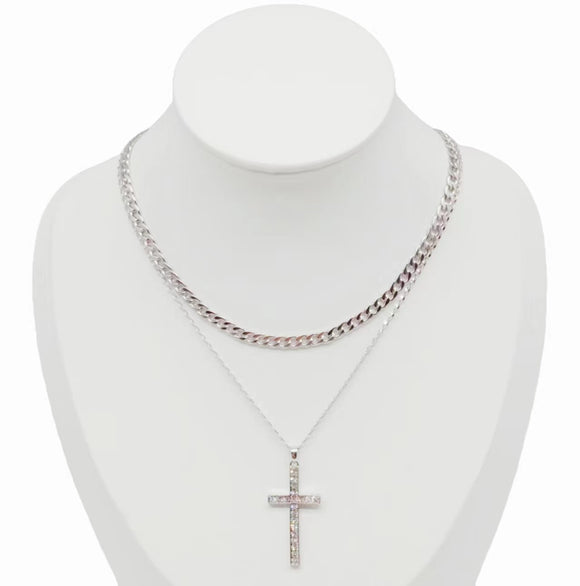 SILVER CROSS NECKLACE CLEAR STONES ( 0332 RHCR )