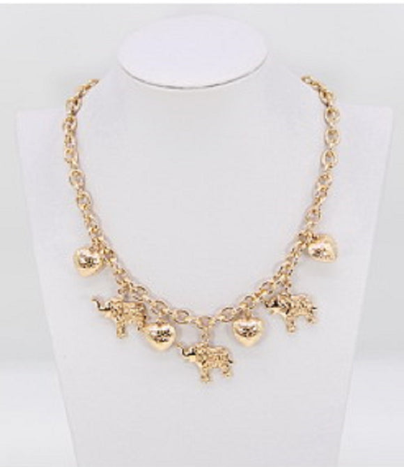 GOLD NECKLACE HEART ELEPHANT CHARMS ( 1461 GOL )