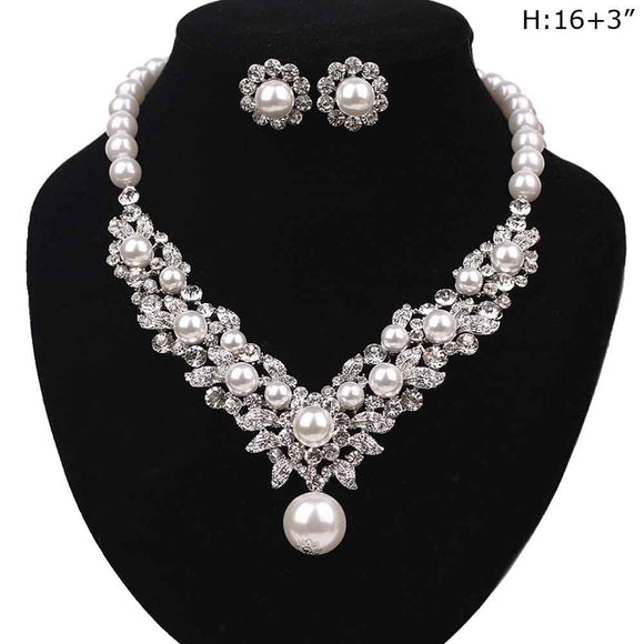 SILVER WHITE PEARL NECKLACE SET CLEAR STONES ( 13 RWH )