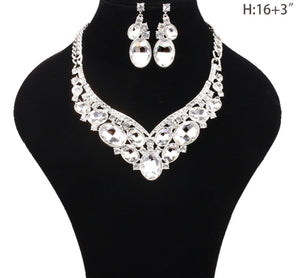 SILVER CLEAR OVAL RHINESTONE EVENING FORMAL SET ( NBQ6 RCL )