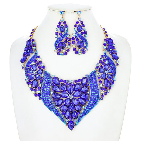 GOLD NECKLACE ROYAL BLUE STONES AND EARRINGS ( 10291 GRY )