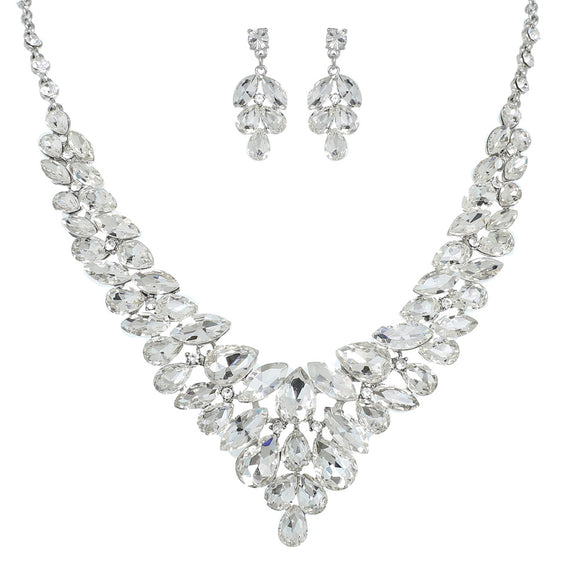 SILVER NECKLACE SET CLEAR STONES ( 12332 RCL )