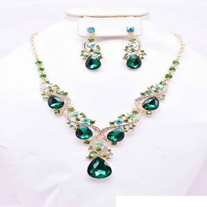 GOLD NECKLACE SET LIME GREEN STONES ( 12339 GLM )