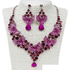 SILVER FUCHSIA FLORAL NECKLACE SET ( 12340 RFU )