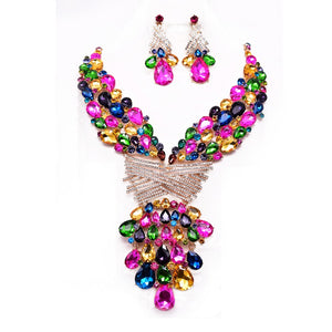 GOLD MULTI COLOR METAL STATEMENT NECKLACE SET ( 12695 GMU )