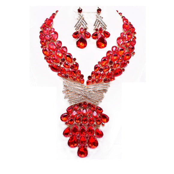 GOLD RED COLOR METAL STATEMENT NECKLACE SET ( 12695 GRD )