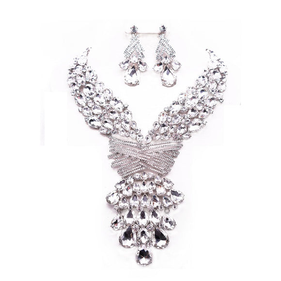 SILVER METAL STATEMENT NECKLACE SET ( 12695 R )