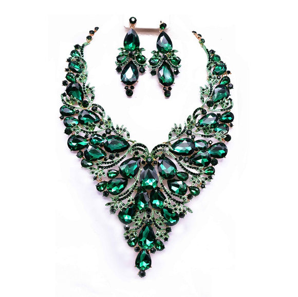 GOLD GREEN RHINESTONE NECKLACE SET ( 12696 GGR )