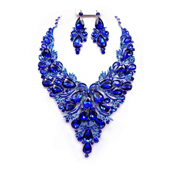 SILVER BLUE RHINESTONE NECKLACE SET ( 12696 RRY )