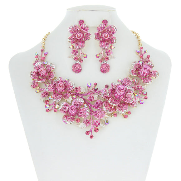 Gold FUSCHSIA PINK Floral Rhinestone Evening Formal Necklace Set ( 8423 )
