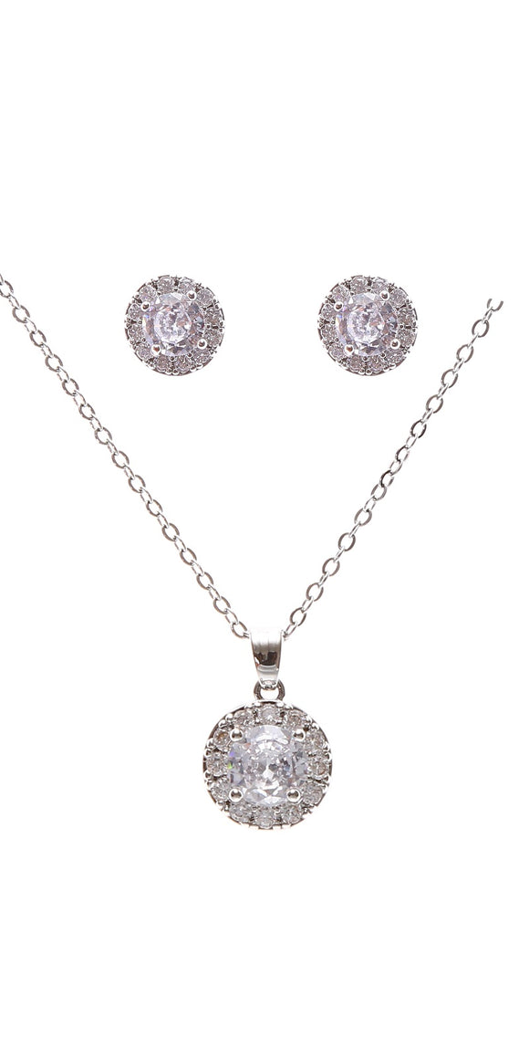 Silver Necklace Set Clear CZ Cubic Zirconia Stones ( 22289 CLRD )