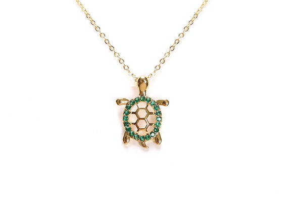 GOLD NECKLACE TURTLE PENDANT GREEN CZ CUBIC ZIRCONIA STONES ( 22007 EMGD )