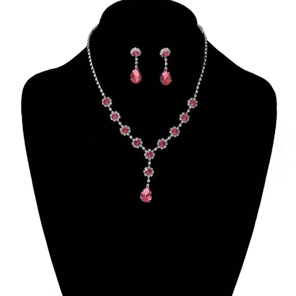 SILVER NECKLACE CLEAR PINK STONES ( 1640 PK )