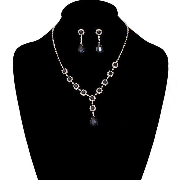 SILVER NECKLACE CLEAR NAVY BLUE STONES ( 1640 SNV )