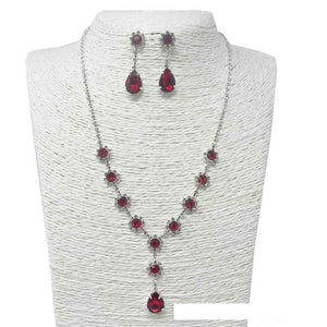 SILVER NECKLACE CLEAR RED STONES ( 1640 RD )