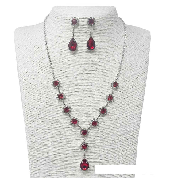 SILVER NECKLACE CLEAR RED STONES ( 1640 RD )