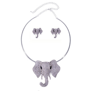 SILVER CLEAR STONES ELEPHANT CHOKER NECKLACE SET ( 2503 SCL )