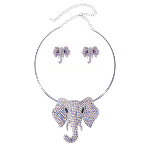 SILVER AB STONES ELEPHANT CHOKER NECKLACE SET ( 2503 SAB )