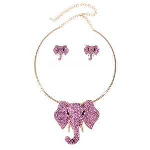 GOLD PINK STONE ELEPHANT CHOKER NECKLACE SET ( 2503 PK )