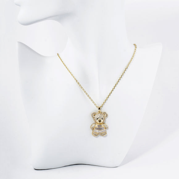 GOLD DIPPED NECKLACE BEAR PENDANT CLEAR STONES ( 6008 GCR )
