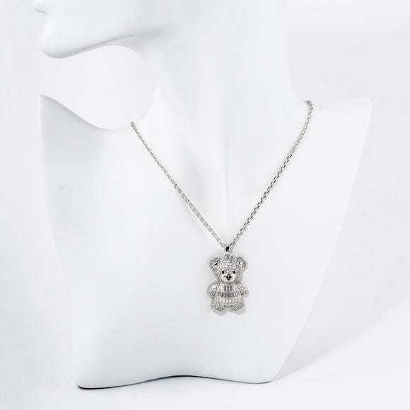 WHITE GOLD DIPPED NECKLACE BEAR PENDANT CLEAR STONES ( 6008 RCR )