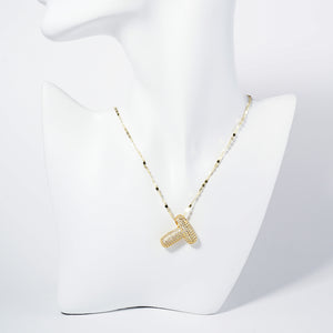 GOLD DIPPED T LETTER NECKLACE CLEAR CZ STONES ( 6113 GCT )