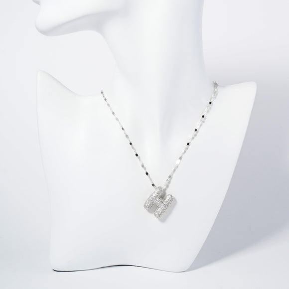 WHITE GOLD DIPPED H LETTER NECKLACE CLEAR CZ STONES ( 6113 RCH )