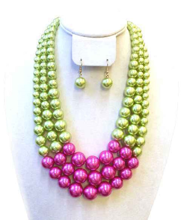 3 Layer PINK GREEN Pearl Necklace with Earrings ( 036 PM )