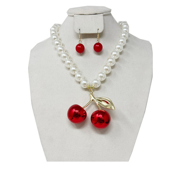 CHERRY PEARL NECKLACE SET CREAM ( 12752 CR )