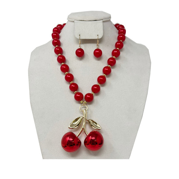 CHERRY PEARL NECKLACE SET RED ( 12752 RD )