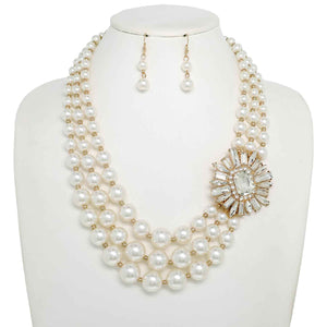 GOLD CREAM PEARL NECKLACE SET CLEAR STONES ( 151 GCR )