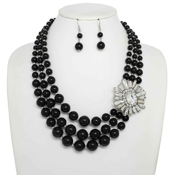 BLACK PEARL NECKLACE SET CLEAR STONES ( 151 RBK )