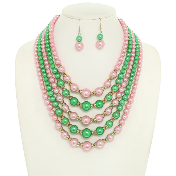 GREEN PINK PEARL NECKLACE SET ( 1529 GPL )