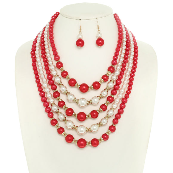 RED WHITE PEARL NECKLACE SET ( 1529 WRD )