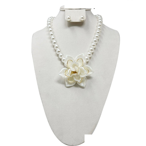 GOLD CREAM PEARL NECKLACE SET FLOWER ( 163 GCR )